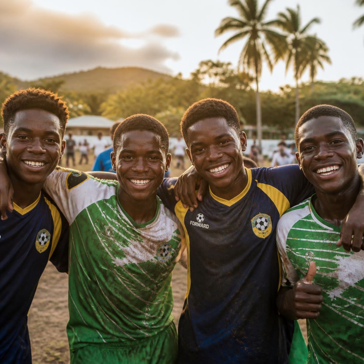 Young Jamaican teammates celebrating after a parish match
