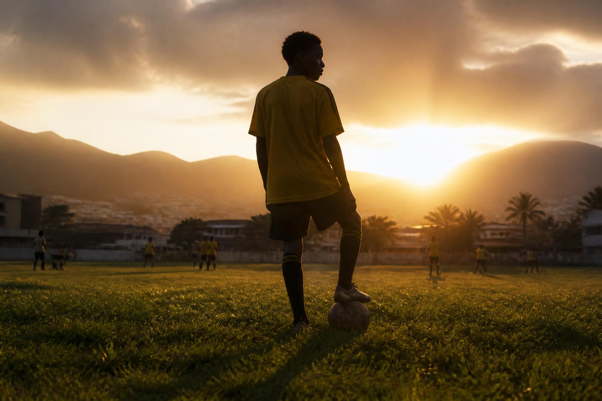 A young Jamaican footballer at sunset on a Kingston pitch
